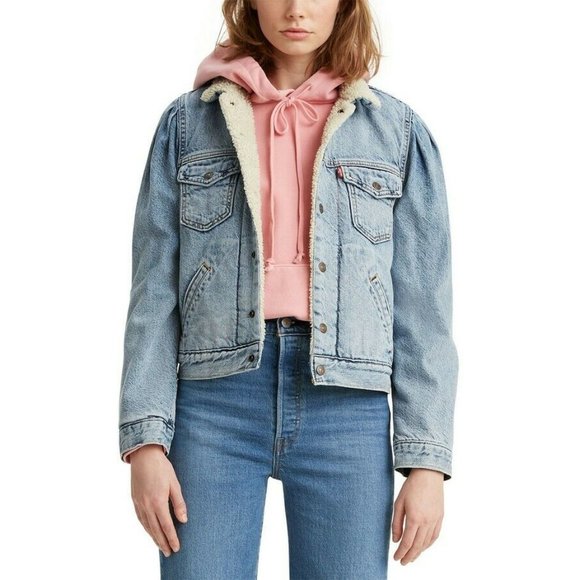 Levi's Women's Original Utility Sherpa Trucker Puff Denim Jackets Size Small - Picture 5 of 6